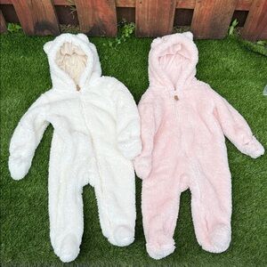 Carters Baby 9M Fuzzy Sherpa Fleece Bear Pram Suit Hooded Romper Bundle 2Pk